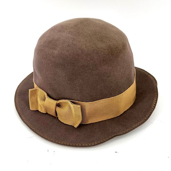 Giorgio Armani Women\'s Vintage Brown Fur Felt Round‎ Brim Hat Gold Ribbon (58) main image 2